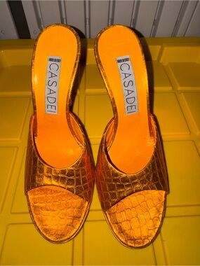 Casadei Metallic Orange Croc-Embossed Mules